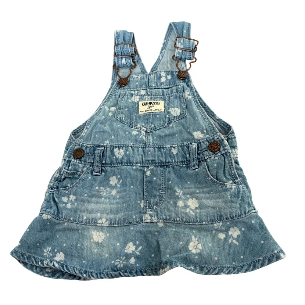 OshKosh B'gosh Floral Denim Overall Jumper Dress 9M Blue Baby Girls